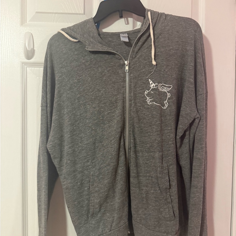 Gray Candytopia NYC Zip-Up Hoodie with Graphic Unicorn Pig
